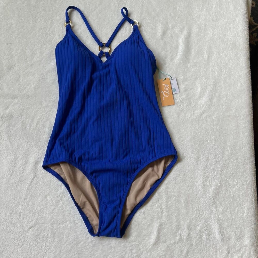Kona Sol blue one piece swimsuit ribbed texture nwt built in bra women's medium